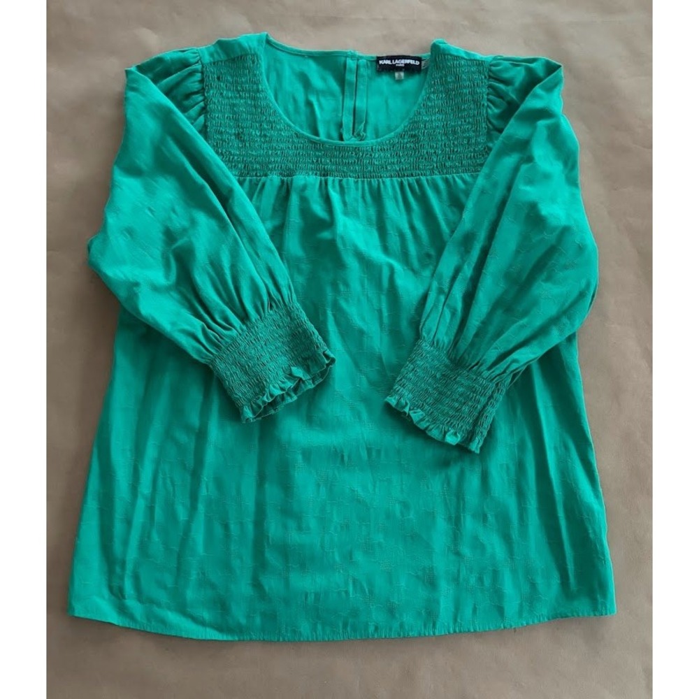 Karl Lagerfeld Paris Emerald Floral Jacquard Smocked Blouse XL Long Sleeve Boho